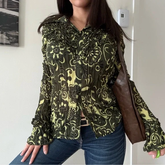 Vintage Boho Ruffle Button-Down Mesh Blouse - Picture 2 of 6